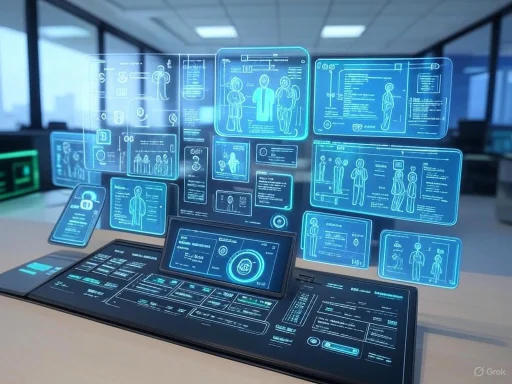 Futuristic digital health interface with holographic screens displaying medical data and profiles in a modern office.