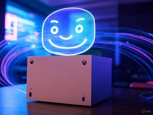A neon smiley face hovering above a white box, emitting colorful light streaks in a dark, vibrant room.