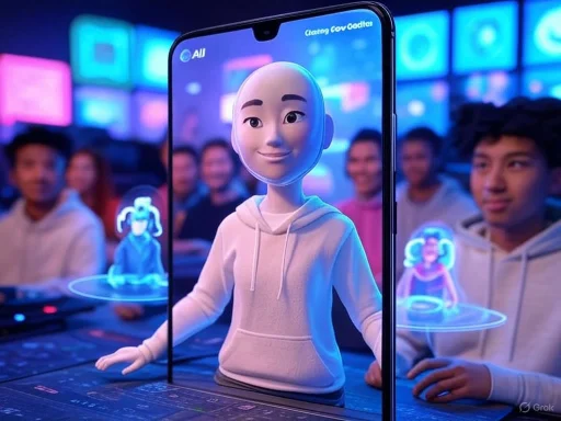 A digital avatar appears emerging from a smartphone screen amidst a group of people in a tech-focused environment.