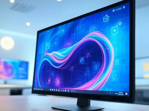 A computer monitor displays a futuristic digital interface with colorful flowing lines and various digital icons.