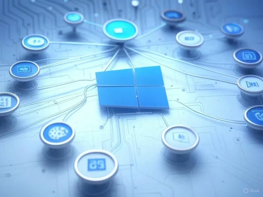 A digital network diagram with a central Windows logo and various app icons connected by lines.