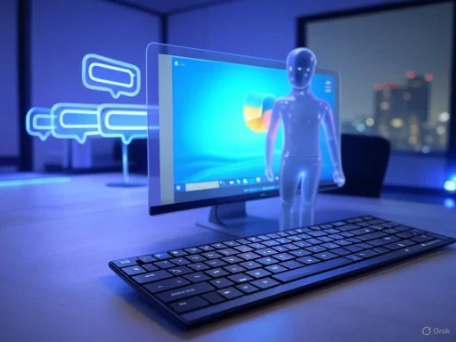 A futuristic scene with a humanoid robot standing before a computer monitor, with chat icons and a cityscape visible outside.