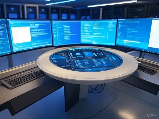A high-tech command center with multiple monitors displaying data and a circular touchscreen interface.