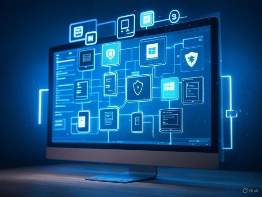 A digital illustration of cybersecurity or data protection, featuring interconnected icons representing security and device management.