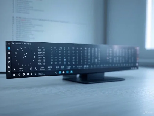 A sleek, curved monitor displays data, graphs, and a clock on a modern desk in a bright office setting.