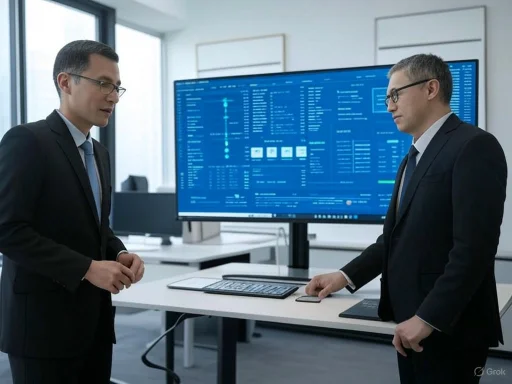 Two businessmen in a modern office discussing data displayed on a large screen. Two businessmen in a modern office discussing data displayed on a large screen.