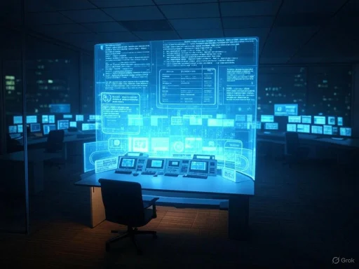 A control room with multiple screens and a large holographic display of data panels.