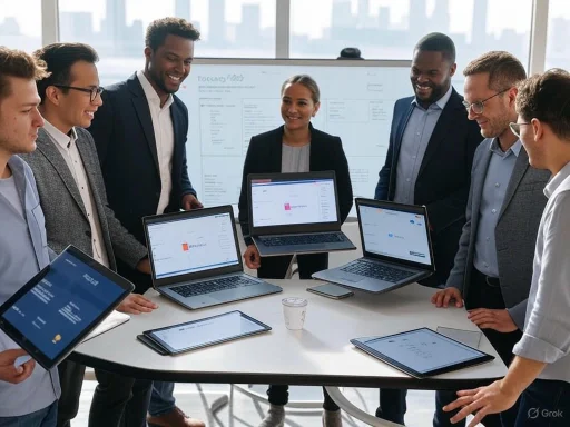 A diverse group of professionals collaborates around a table with laptops in a modern office.
