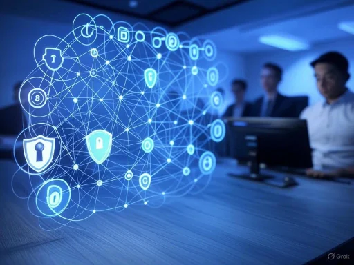 A digital network of security and shield icons representing cybersecurity concepts with blurred professionals working in the background.