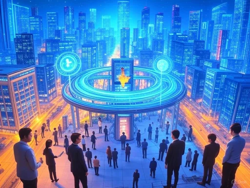 A futuristic cityscape with skyscrapers and holographic digital displays, featuring people gathered on a platform observing the scene. A futuristic cityscape with skyscrapers and holographic digital displays, featuring people gathered on a platform observing the scene.