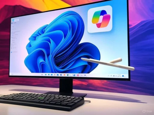 A computer monitor displays a desktop with a stylus pointing at the screen, showing a colorful logo on a vibrant background.