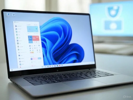 A sleek laptop displaying a Windows 11 desktop with icons and a colorful background on a white desk.