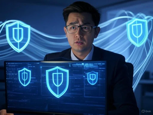 A man in glasses and a suit looks concerned while working on a computer with digital shield icons representing cybersecurity. A man in glasses and a suit looks concerned while working on a computer with digital shield icons representing cybersecurity.