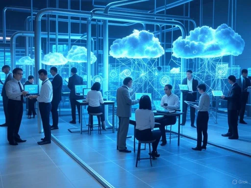 Business professionals in a high-tech, cloud-themed digital environment engaging in discussions and presentations.