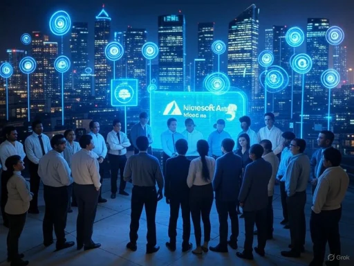 Group of professionals attending a virtual meeting on a rooftop with city skyline and holographic digital icons.