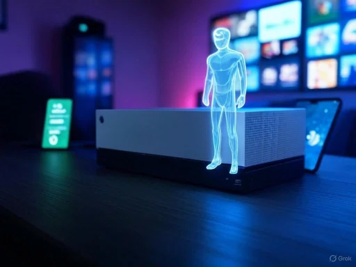 A holographic digital figure standing on a device in a modern tech setup with screens in the background. A holographic digital figure standing on a device in a modern tech setup with screens in the background.