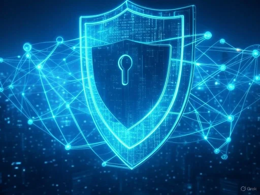 A digital shield with a keyhole symbol, representing cybersecurity and data protection in a network.