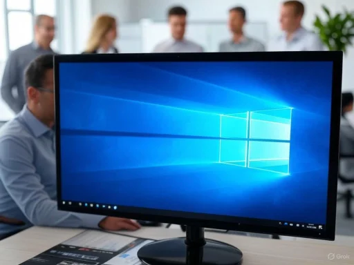 A person working on a computer with a Windows screen, while a group of people discuss in the background. A person working on a computer with a Windows screen, while a group of people discuss in the background.