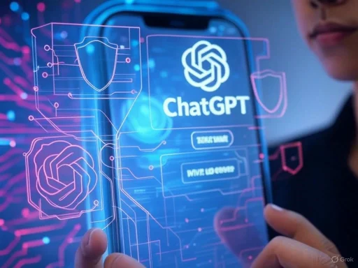 A person interacts with a holographic display of ChatGPT, surrounded by digital shields and circuit designs.