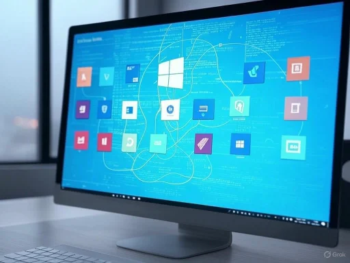 A modern desktop computer displays a colorful, interconnected app interface on a blue background.