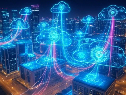 Digital cloud networks connect skyscrapers in a futuristic cityscape, illustrating cloud computing technology. Digital cloud networks connect skyscrapers in a futuristic cityscape, illustrating cloud computing technology.