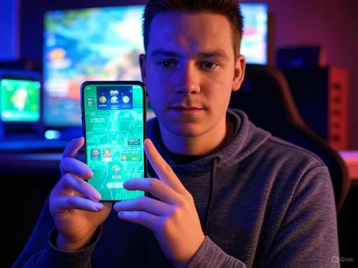 Young man playing a mobile game in a dimly lit room with multiple screens in the background. Young man playing a mobile game in a dimly lit room with multiple screens in the background.