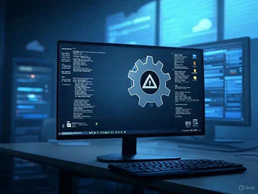 Computer screen displaying cybersecurity or system alert with a gear and warning icon in a high-tech server room.