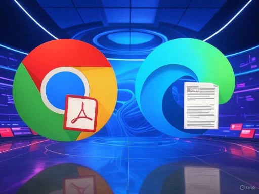 Google Chrome and Microsoft Edge logos with PDF and document icons against a digital, futuristic background.