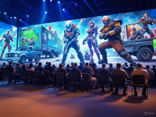 Audience watching a gaming or eSports event with a large screen displaying animated characters from a battle royale game.