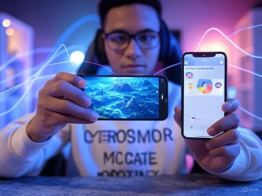 A person with glasses and headphones holding two smartphones, with colorful digital waves in the background.
