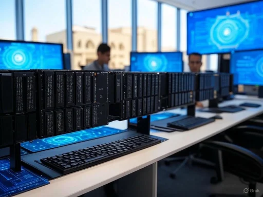 A high-tech computer workstation with multiple monitors displaying digital interface graphics in a bright office.