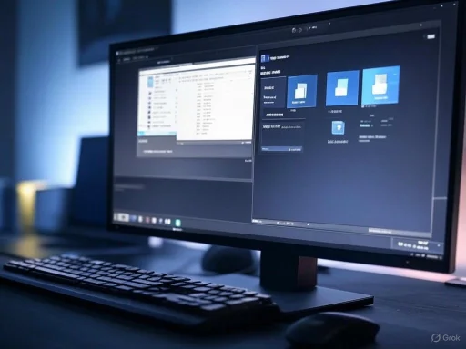 A computer monitor displays file management software with folders and documents, set in a dimly lit workspace.