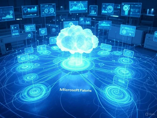A digital illustration of cloud computing with a glowing cloud center connected to multiple data screens and network nodes.