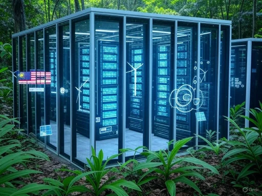 A glass-encased data server room located outdoors among lush greenery.