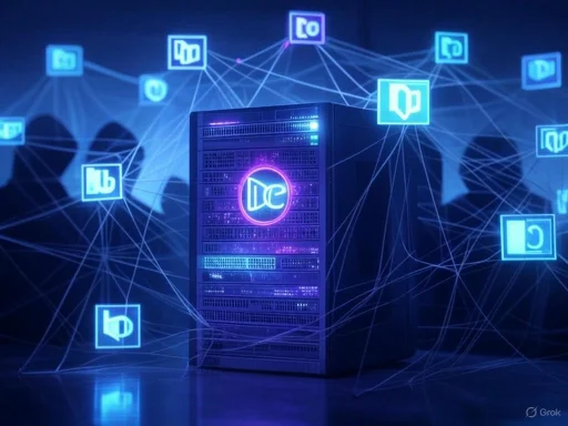 A digital server surrounded by interconnected chat icons, representing a networked communication system.