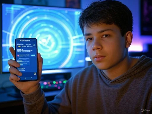 A young man displays a smartphone with a financial app in front of a futuristic digital screen background.