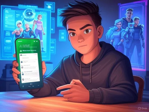 A young person shows a messaging app on his phone with a futuristic, digital background featuring animated characters.