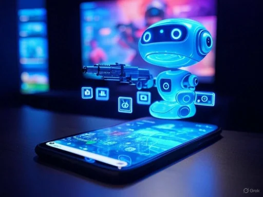 A glowing robot figure emerging from a smartphone screen with holographic icons and a background of screens.
