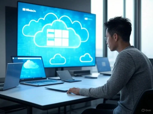 A man working on cloud computing or data analysis in a high-tech office with multiple screens and laptops.