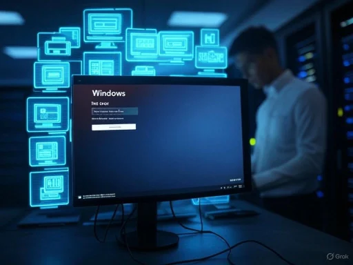 A person working on a computer with a Windows login screen, surrounded by digital icons representing technology.