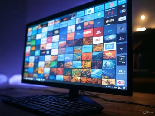 A computer monitor displays a colorful grid of app icons and thumbnails in a dimly lit room.