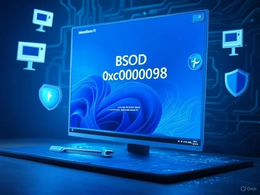 A computer monitor displays a BSOD error message with code 0xc0000098 in a digital, tech-themed environment. A computer monitor displays a BSOD error message with code 0xc0000098 in a digital, tech-themed environment.