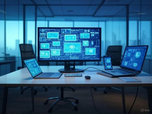 A high-tech command center with multiple screens displaying data, set in a modern office with city views.
