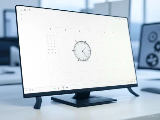 A computer monitor displays a digital calendar with a clock, set in a modern office environment. A computer monitor displays a digital calendar with a clock, set in a modern office environment.