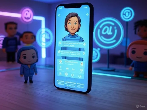 A smartphone with a cartoon avatar on its screen, surrounded by animated character toys and neon AI-themed symbols.
