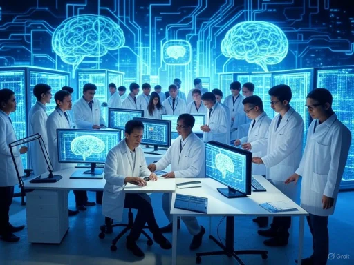 Scientists analyze brain data in a high-tech laboratory with holographic brain images and multiple computer monitors.