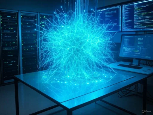 Futuristic digital brain model with glowing blue neural connections on a computer setup in a data center.