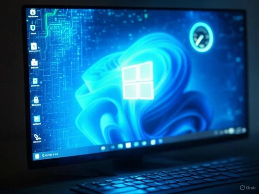 A laptop screen showing a Windows desktop with a blue abstract background and various application icons. A laptop screen showing a Windows desktop with a blue abstract background and various application icons.