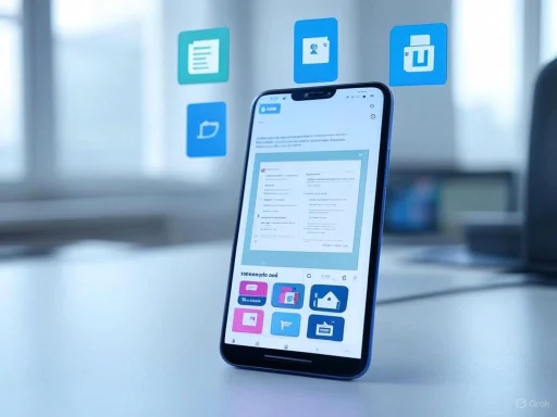 A smartphone displays a document with floating app icons related to documents, files, and folders in a bright, modern workspace.