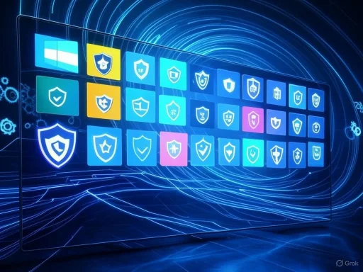 Digital security icons and shields displayed on a futuristic, glowing virtual screen.